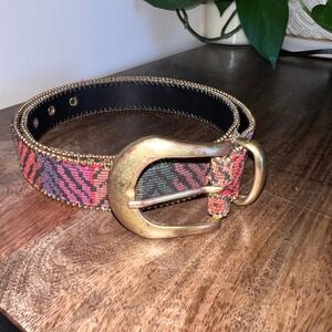 Elite Belt Womens Medium‎ Colorful Woven Fabric with Gold Stud Detail Boho